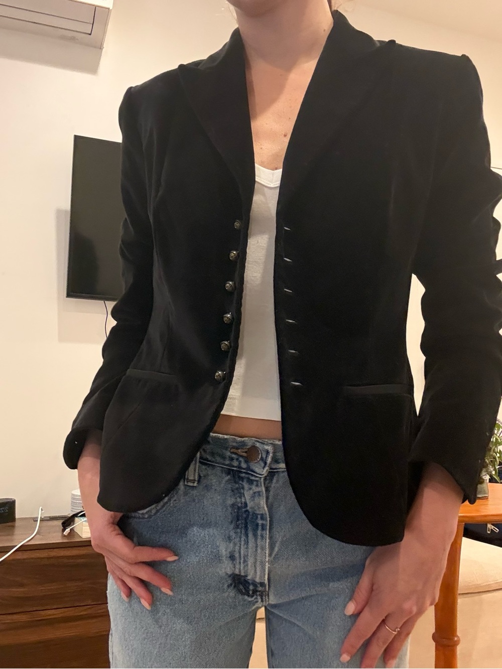 Tahari Black Velvet Blazer with Decorative Buttons
